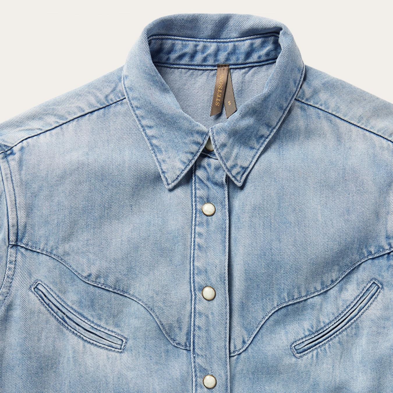 Women Western Shirts Stetson Curved Yoke Western Denim Shirt Blue