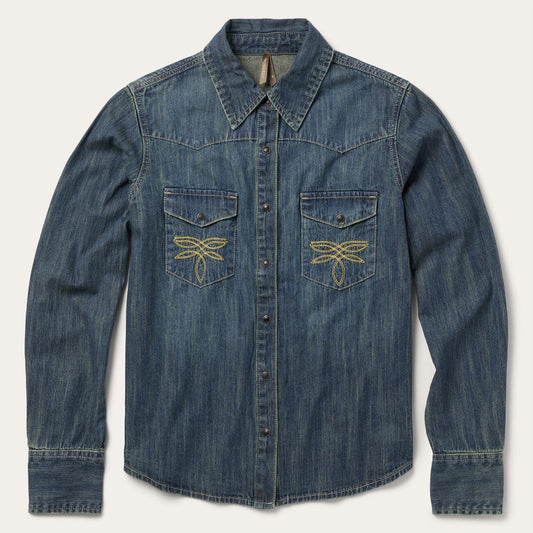 Women Western Shirts Stetson Dirty Denim Boyfriend Fit Shirt Blue