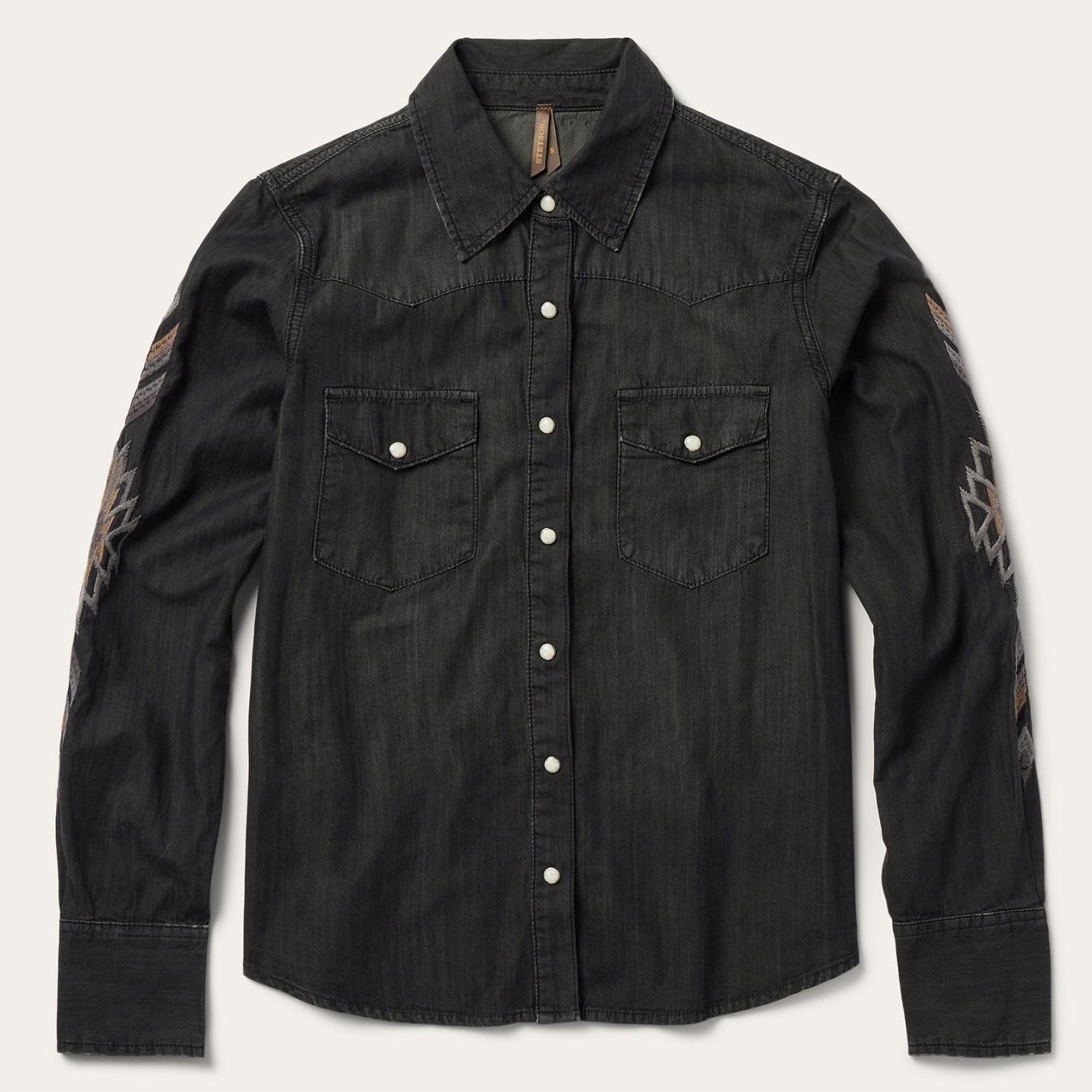 Women Western Shirts Stetson Embroidered Black Denim Shirt Black