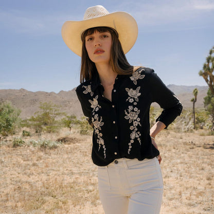 Women Western Shirts Stetson Embroidered Crepe Western Shirt Black