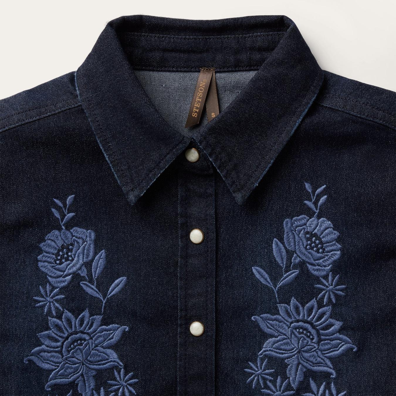 Women Western Shirts Stetson Embroidered Dark Denim Snap Front Shirt Blue