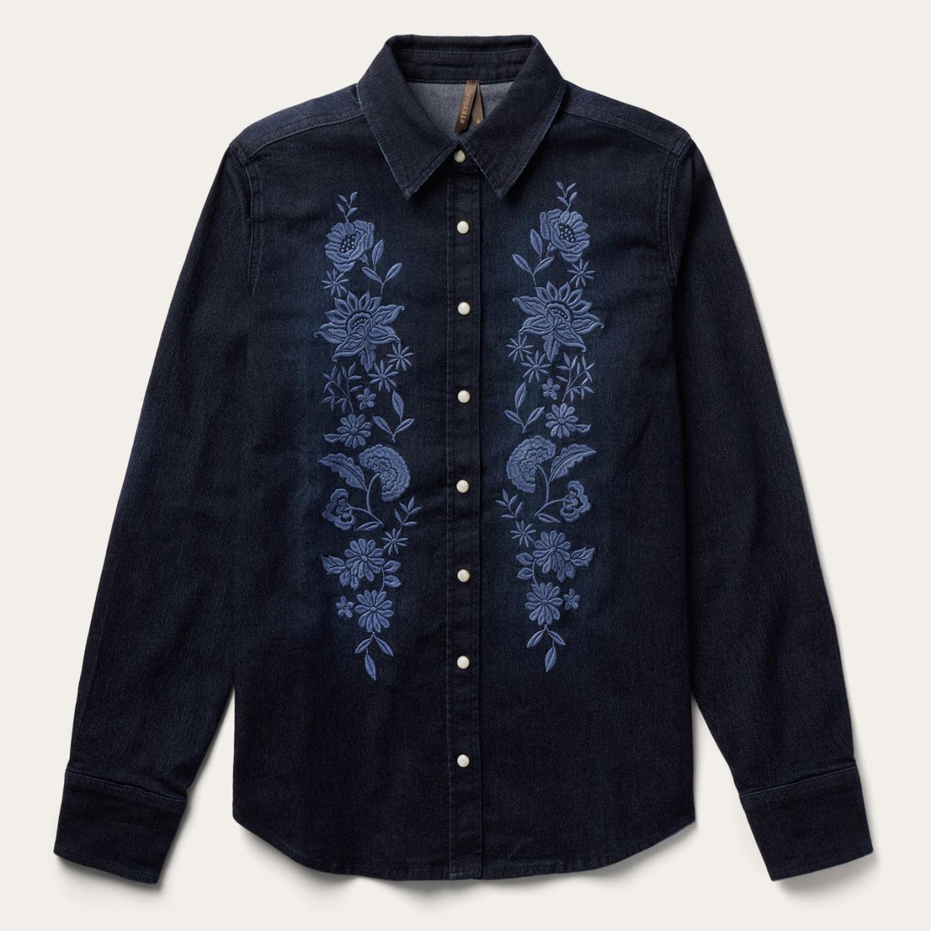 Women Western Shirts Stetson Embroidered Dark Denim Snap Front Shirt Blue