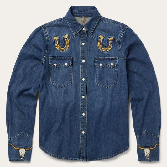 Women Western Shirts Stetson Embroidered Dark Denim Western Shirt Blue