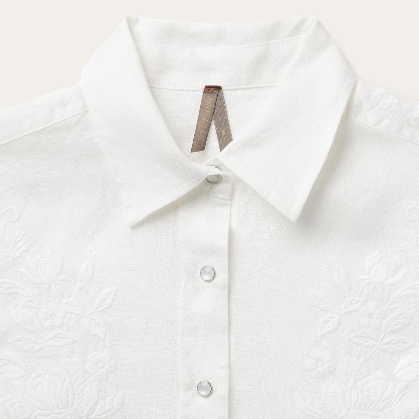 Women Western Shirts Stetson Floral Embroidered White Linen Shirt White