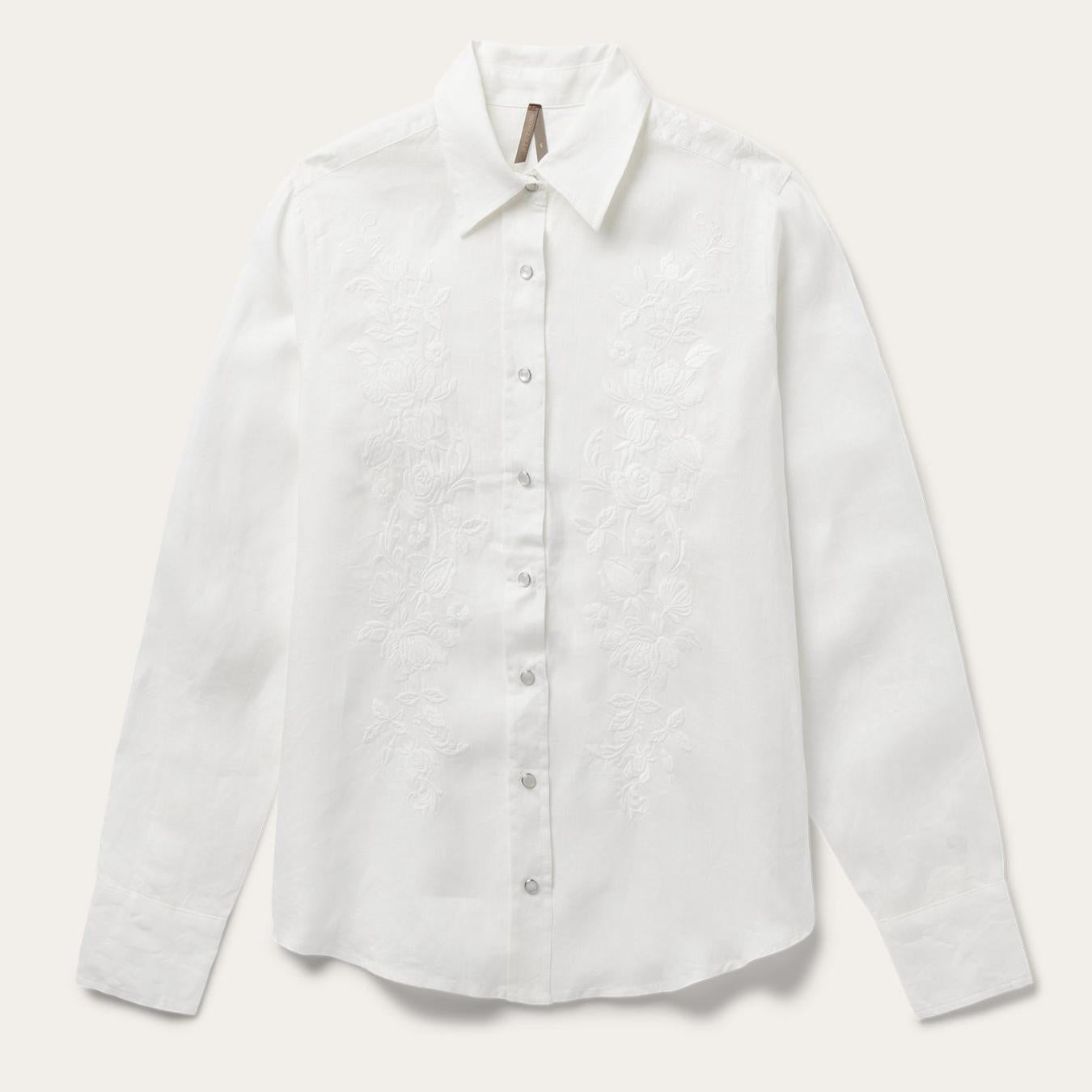 Women Western Shirts Stetson Floral Embroidered White Linen Shirt White