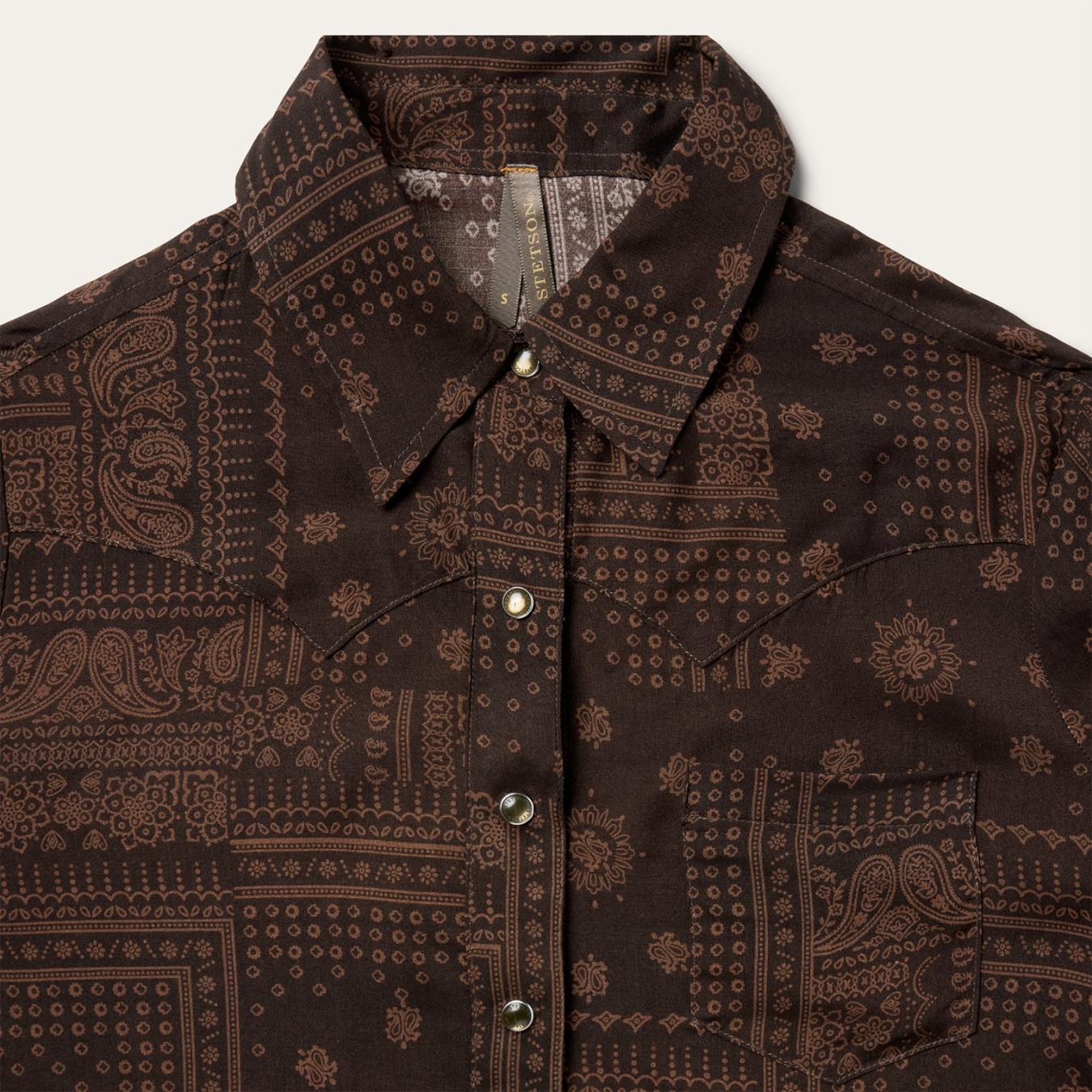 Women Western Shirts Stetson Patchwork Bandana Print Shirt Brown