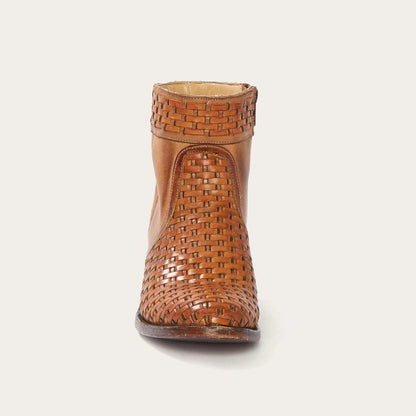 Women Western Stetson Basketweave Side Zip Ankle Boot Brown