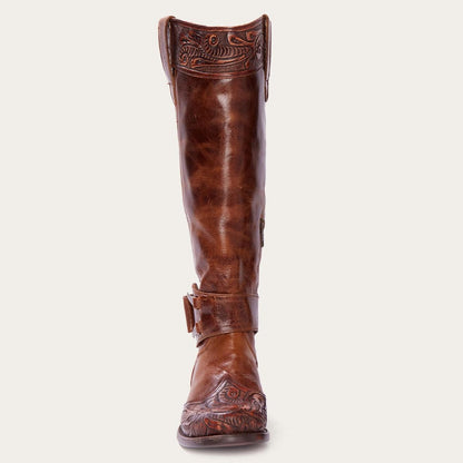 Women Western Stetson Burnished Cognac Paisley Side Zip Cowboy Boot Tan