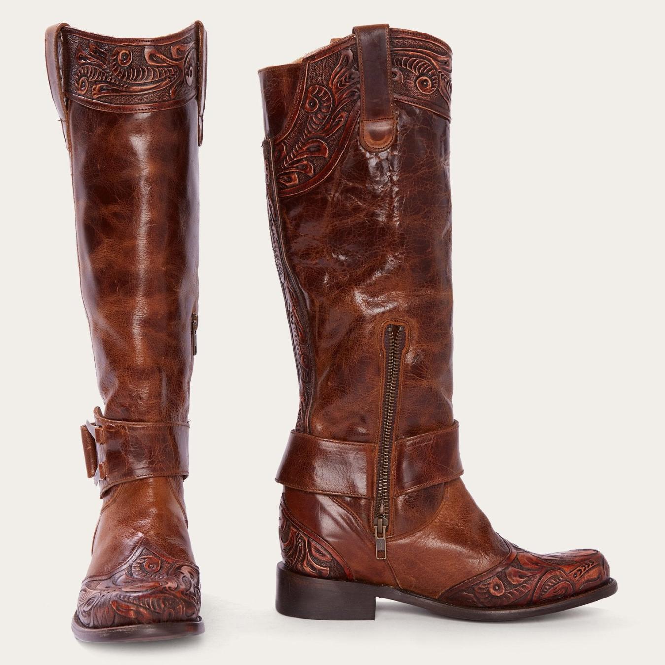 Women Western Stetson Burnished Cognac Paisley Side Zip Cowboy Boot Tan
