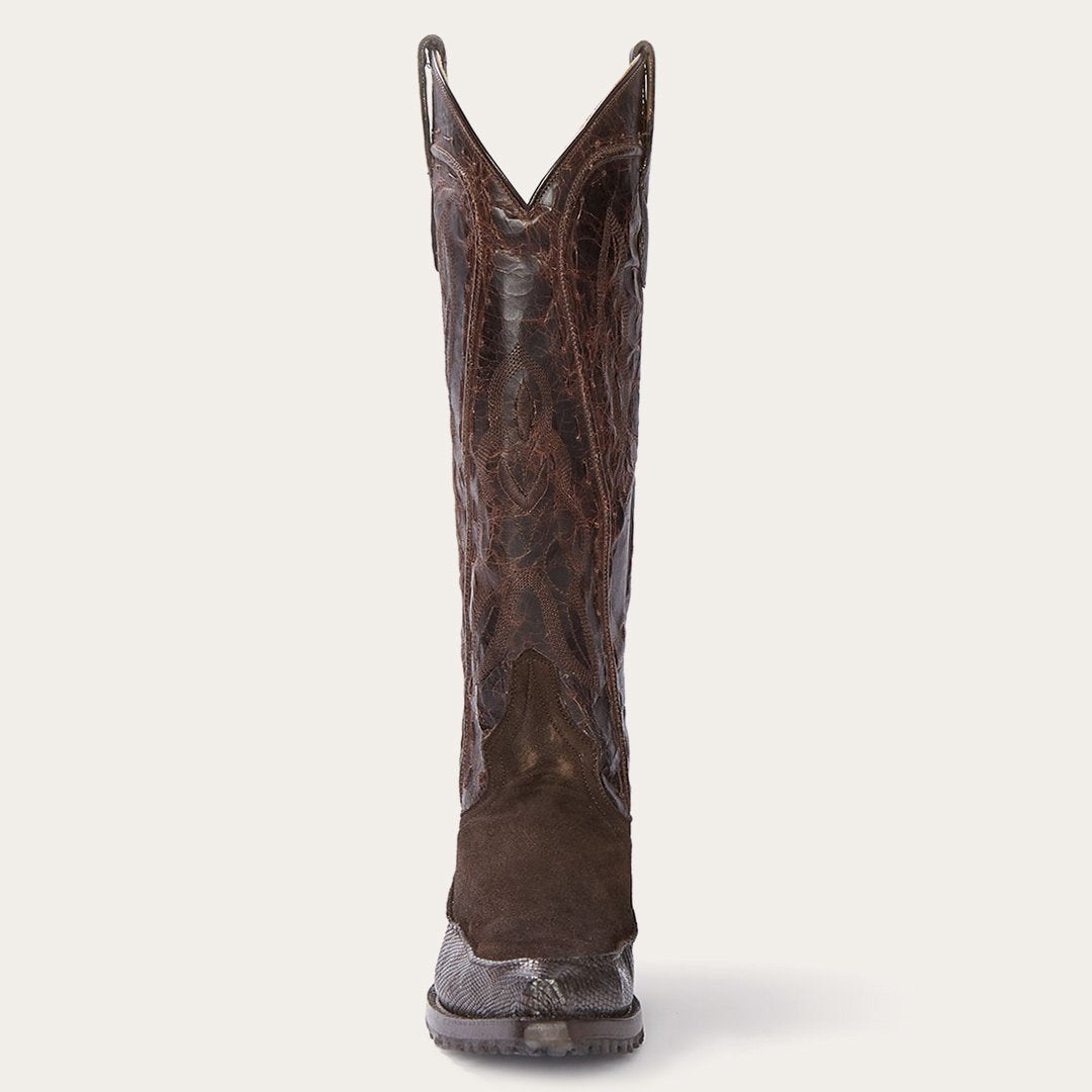 Women Western Stetson Dakota Brown Suede & Teju Cowboy Boot Brown