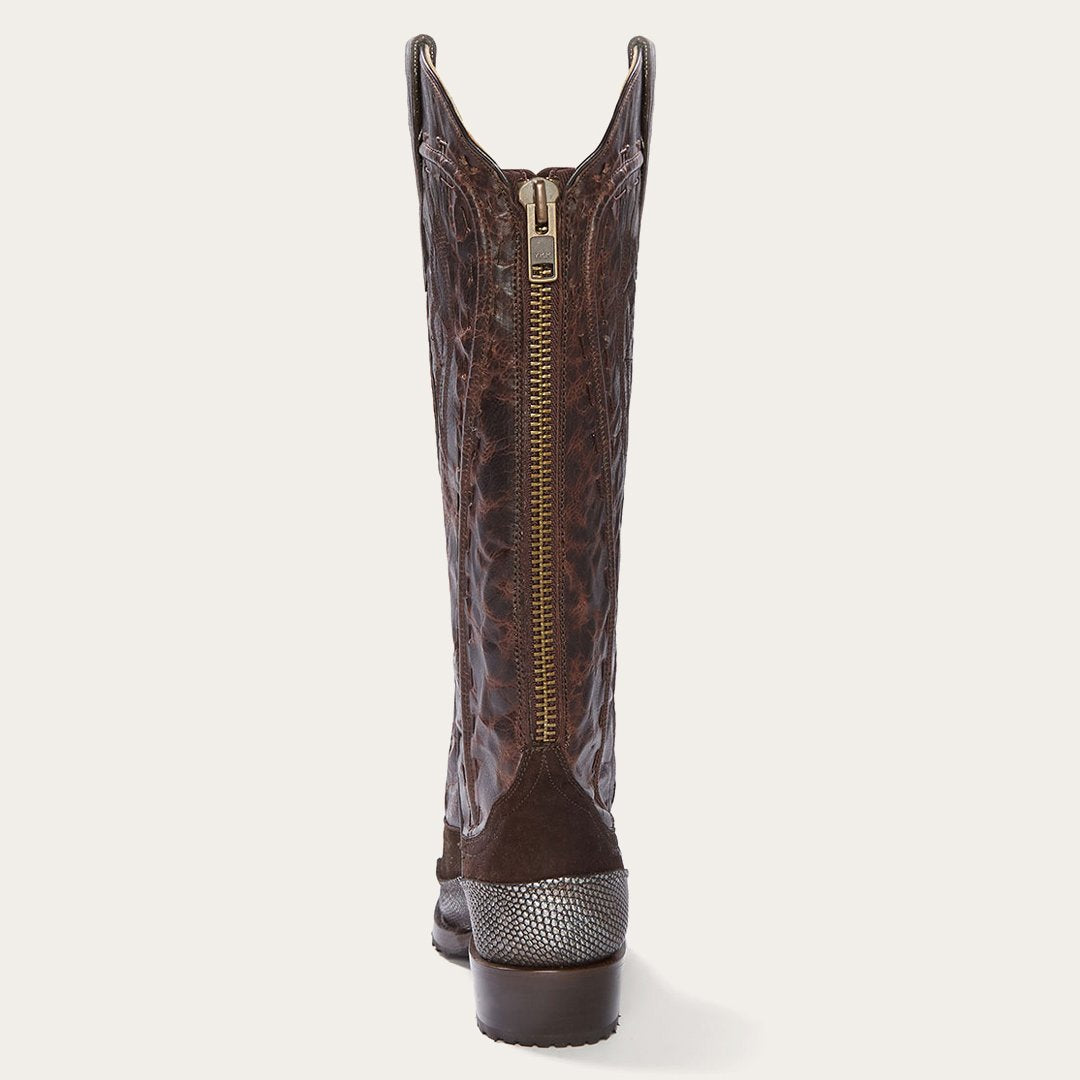 Women Western Stetson Dakota Brown Suede & Teju Cowboy Boot Brown