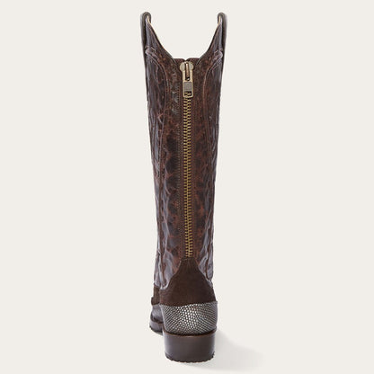 Women Western Stetson Dakota Brown Suede & Teju Cowboy Boot Brown