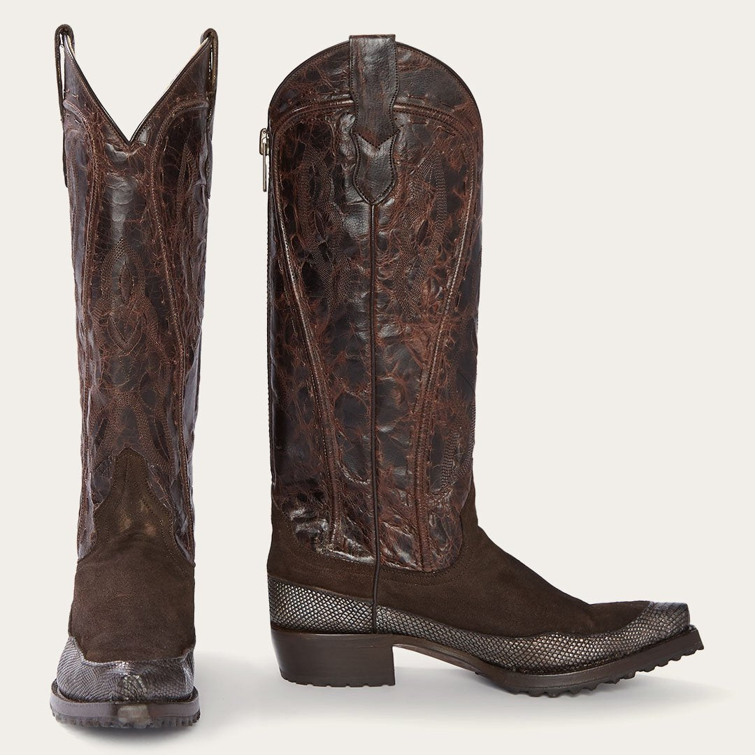 Women Western Stetson Dakota Brown Suede & Teju Cowboy Boot Brown