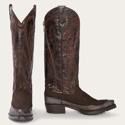 Women Western Stetson Dakota Brown Suede & Teju Cowboy Boot Brown