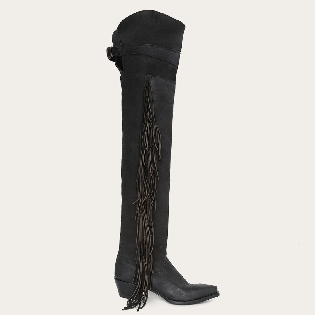 Women Western Stetson Glam Over-The-Knee Fringe Boot Black Leather
