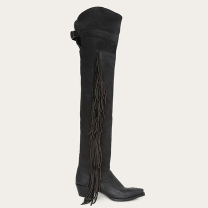 Women Western Stetson Glam Over-The-Knee Fringe Boot Black Leather