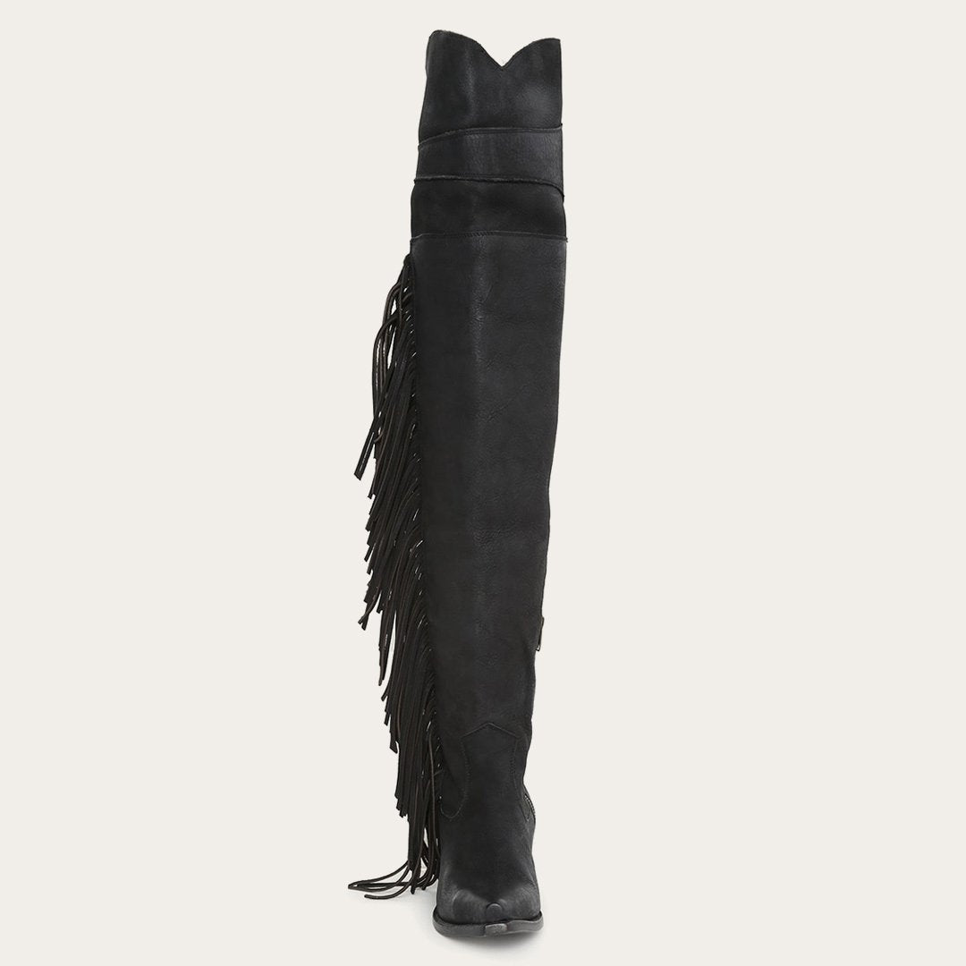 Women Western Stetson Glam Over-The-Knee Fringe Boot Black Leather