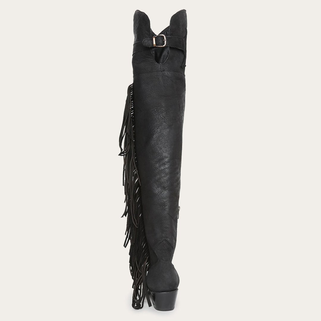 Women Western Stetson Glam Over-The-Knee Fringe Boot Black Leather