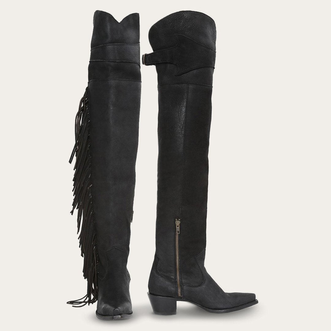 Women Western Stetson Glam Over-The-Knee Fringe Boot Black Leather