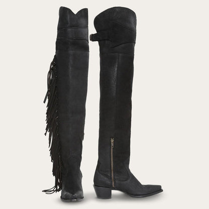Women Western Stetson Glam Over-The-Knee Fringe Boot Black Leather