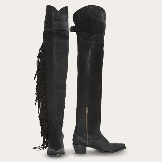Women Western Stetson Glam Over-The-Knee Fringe Boot Black Leather