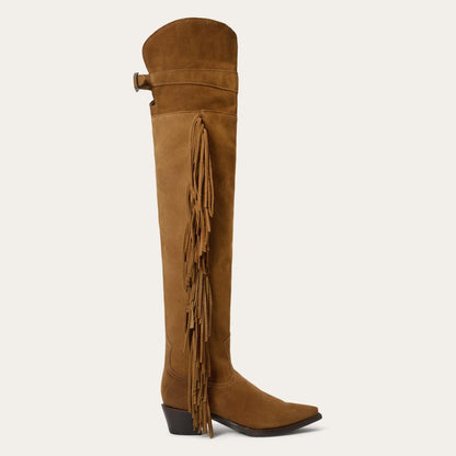 Women Western Stetson Glam Over-The-Knee Fringe Boot Tan Suede