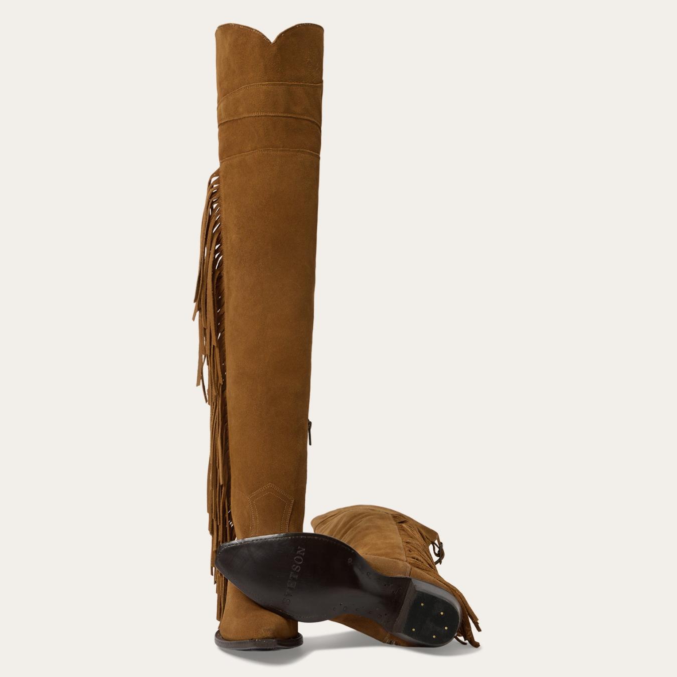 Women Western Stetson Glam Over-The-Knee Fringe Boot Tan Suede