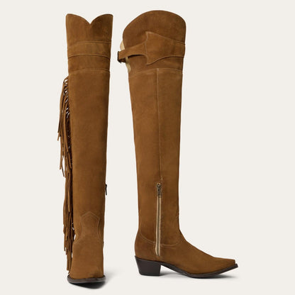 Women Western Stetson Glam Over-The-Knee Fringe Boot Tan Suede