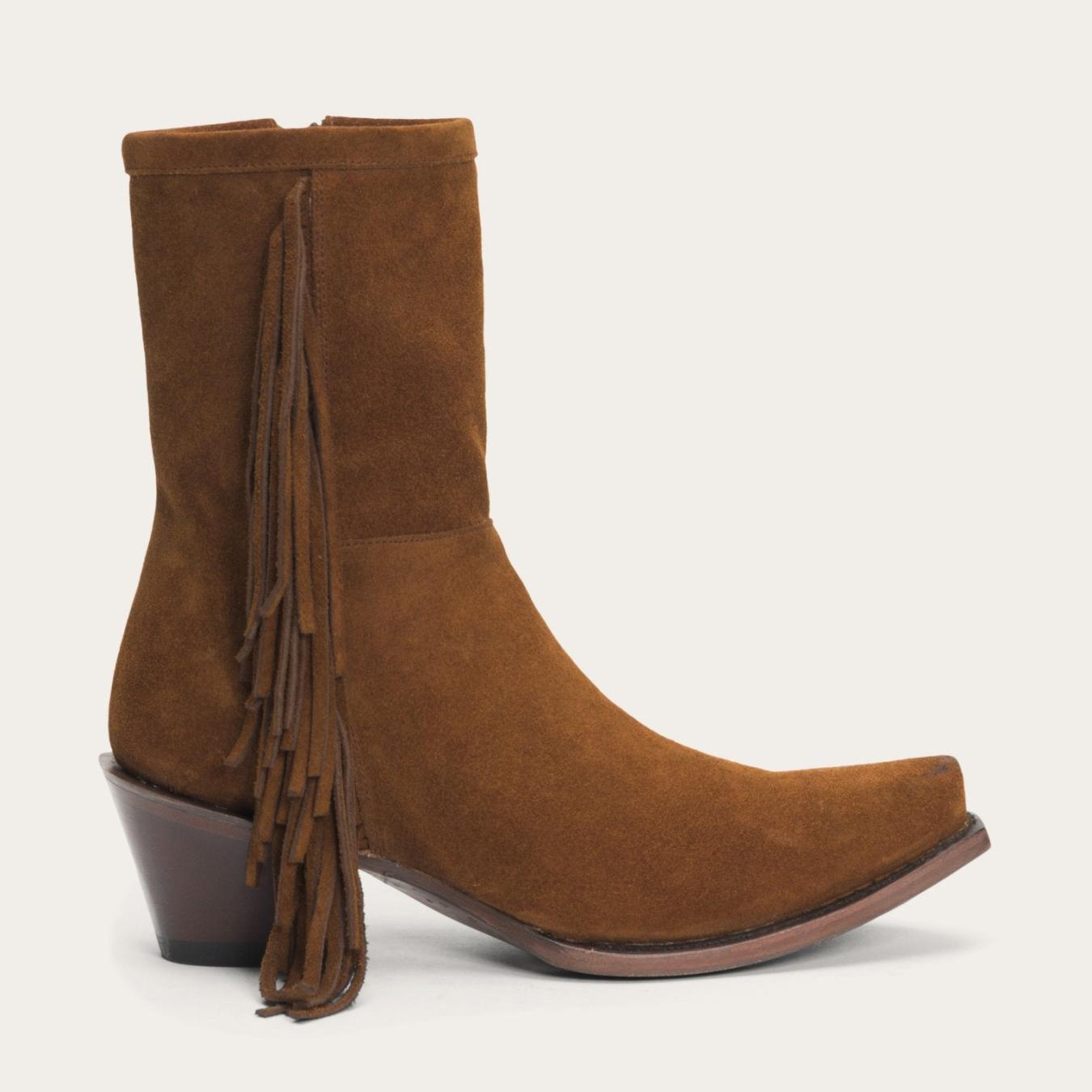 Women Western Stetson Halle Suede Fringe Side Zip Boot Brown