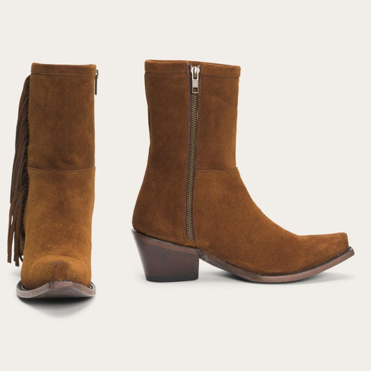 Women Western Stetson Halle Suede Fringe Side Zip Boot Brown