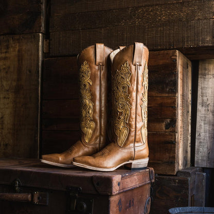 Women Western Stetson Jules Hand Tooled Leather Boot Brown