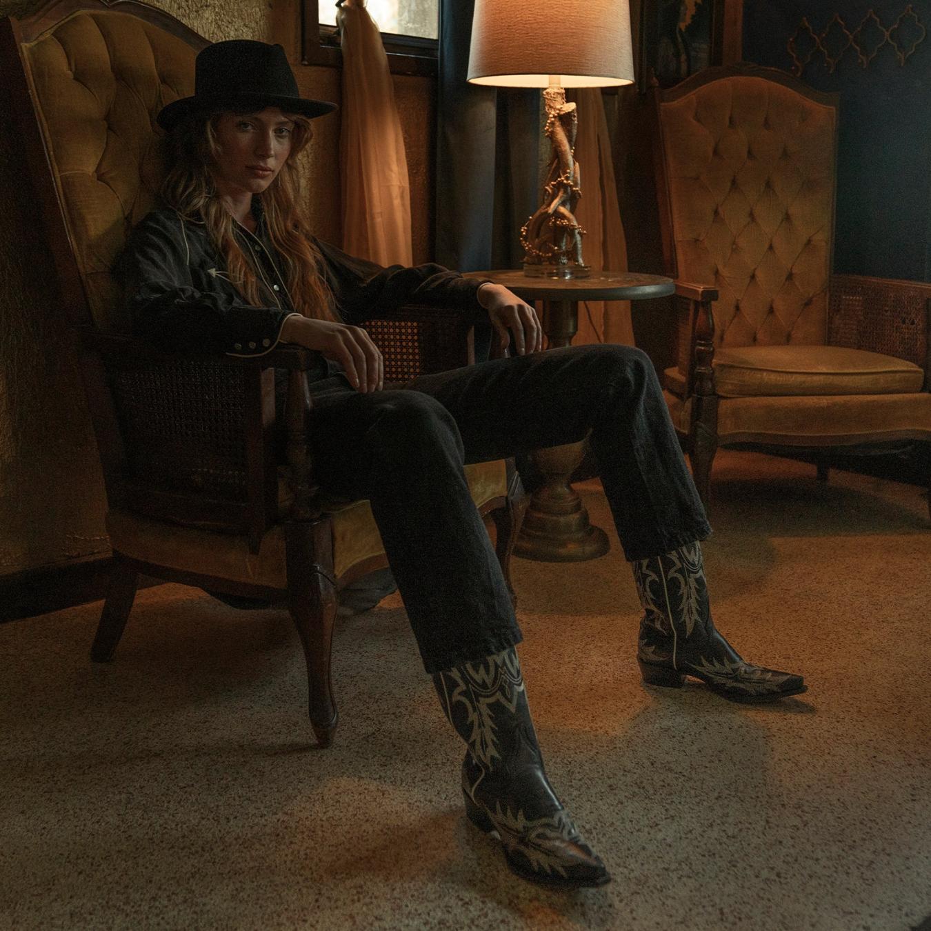 Women Western Stetson Tina Black & White Flame Embroidered Cowboy Boot Black