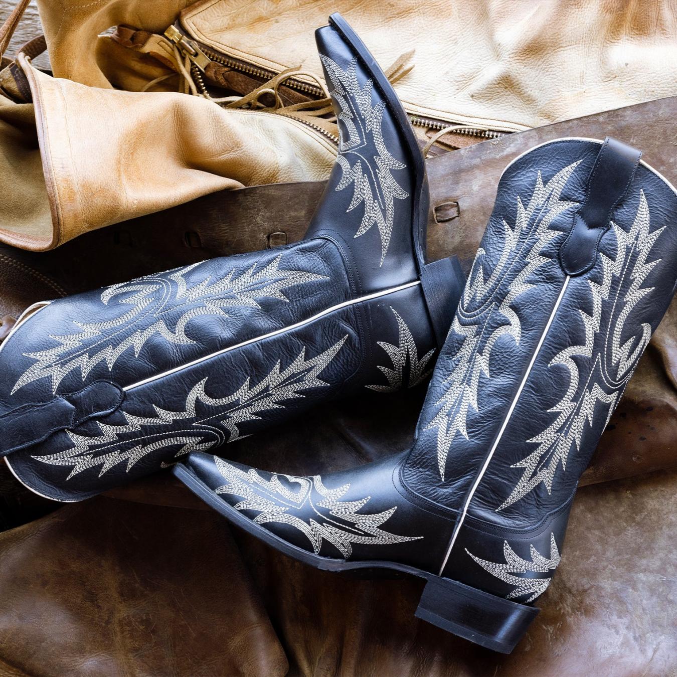 Women Western Stetson Tina Black & White Flame Embroidered Cowboy Boot Black